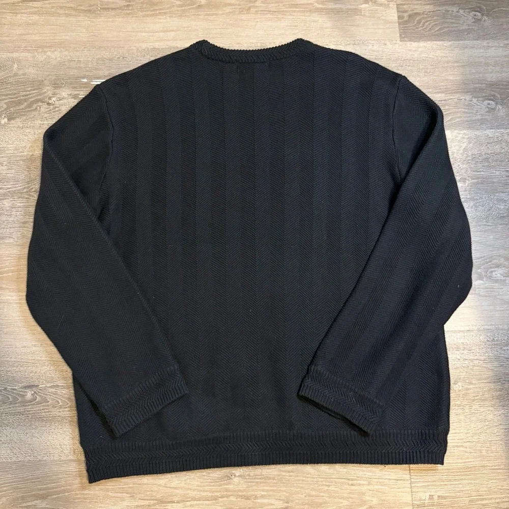 Chaps Mens XL Black Herringbone Textured Cotton Crewneck Sweater Red Trim Logo